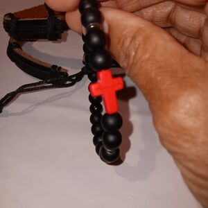 Black Beaded Bracelet with Red Cross